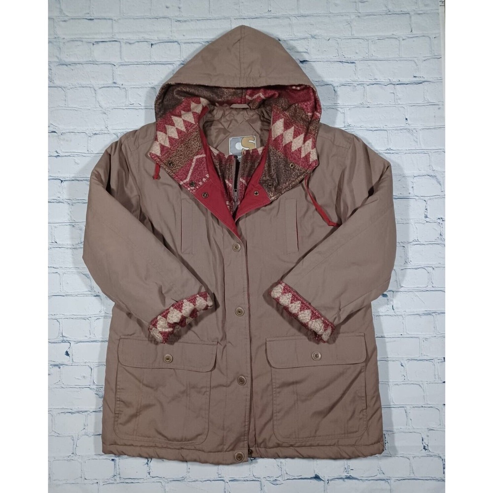 Current Seen Mens Jacket Long Parka Sz M Tan Aztec Print‎ Lined Full Zip VTG 90s